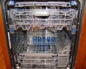 Inside of a stainless steel interior dishwasher